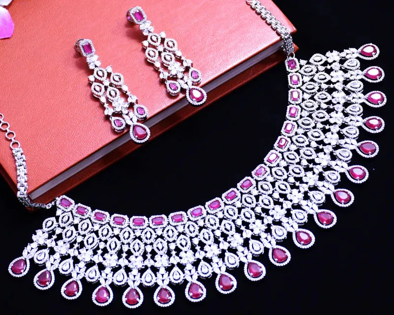 Designer Semi-Precious American Diamond Necklace with Earrings