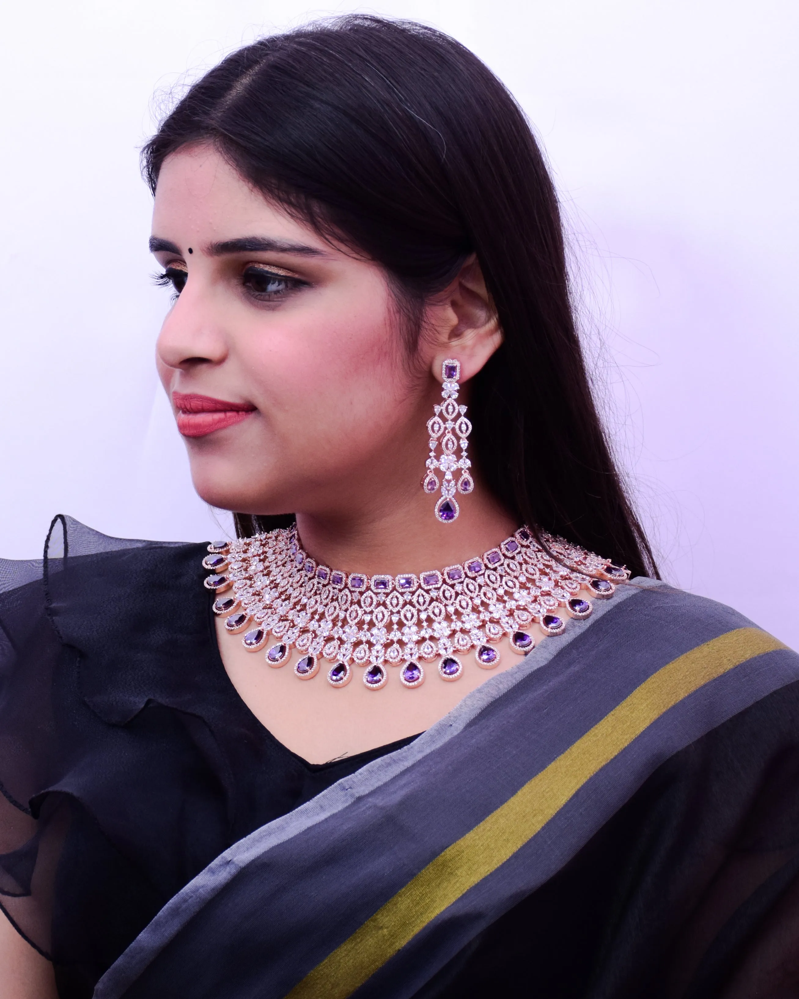 Designer Semi-Precious American Diamond Necklace with Earrings