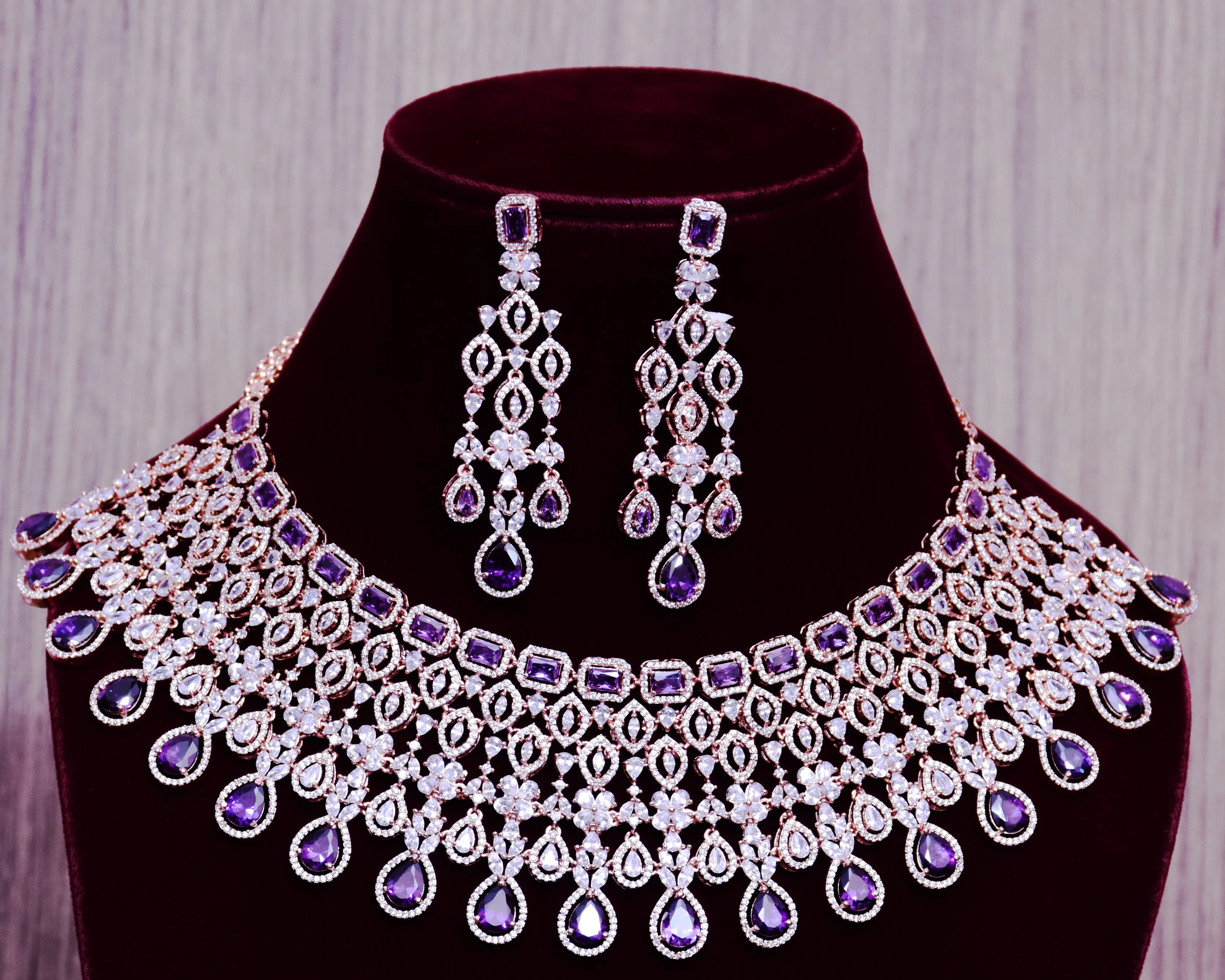 Designer Semi-Precious American Diamond Necklace with Earrings