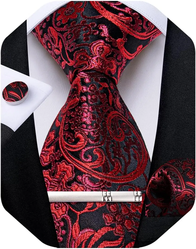 DiBanGu Silk Ties for Men Woven Paisley Plaid Striped Necktie and Tie Clip Handkerchief Cufflinks Set for Party Wedding