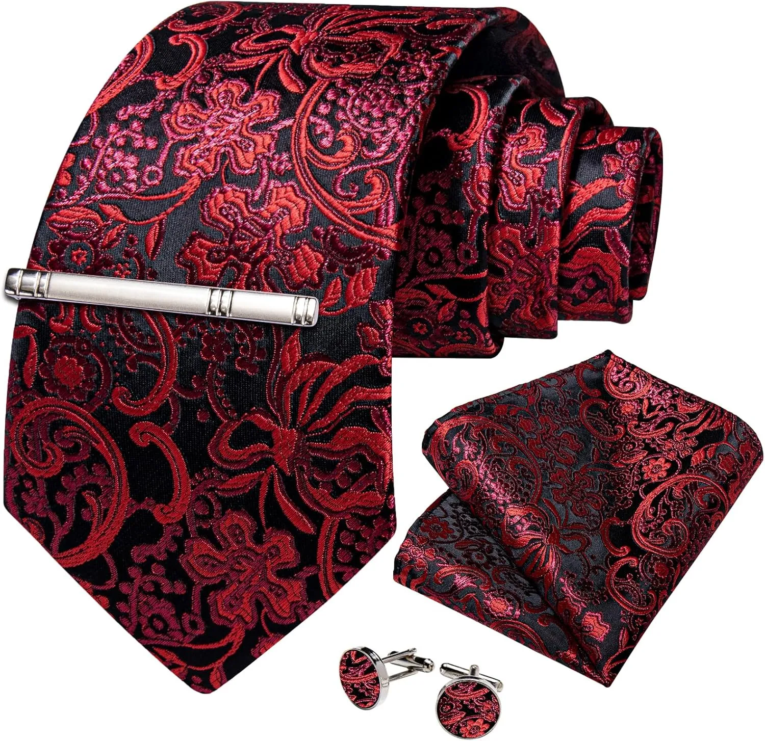 DiBanGu Silk Ties for Men Woven Paisley Plaid Striped Necktie and Tie Clip Handkerchief Cufflinks Set for Party Wedding