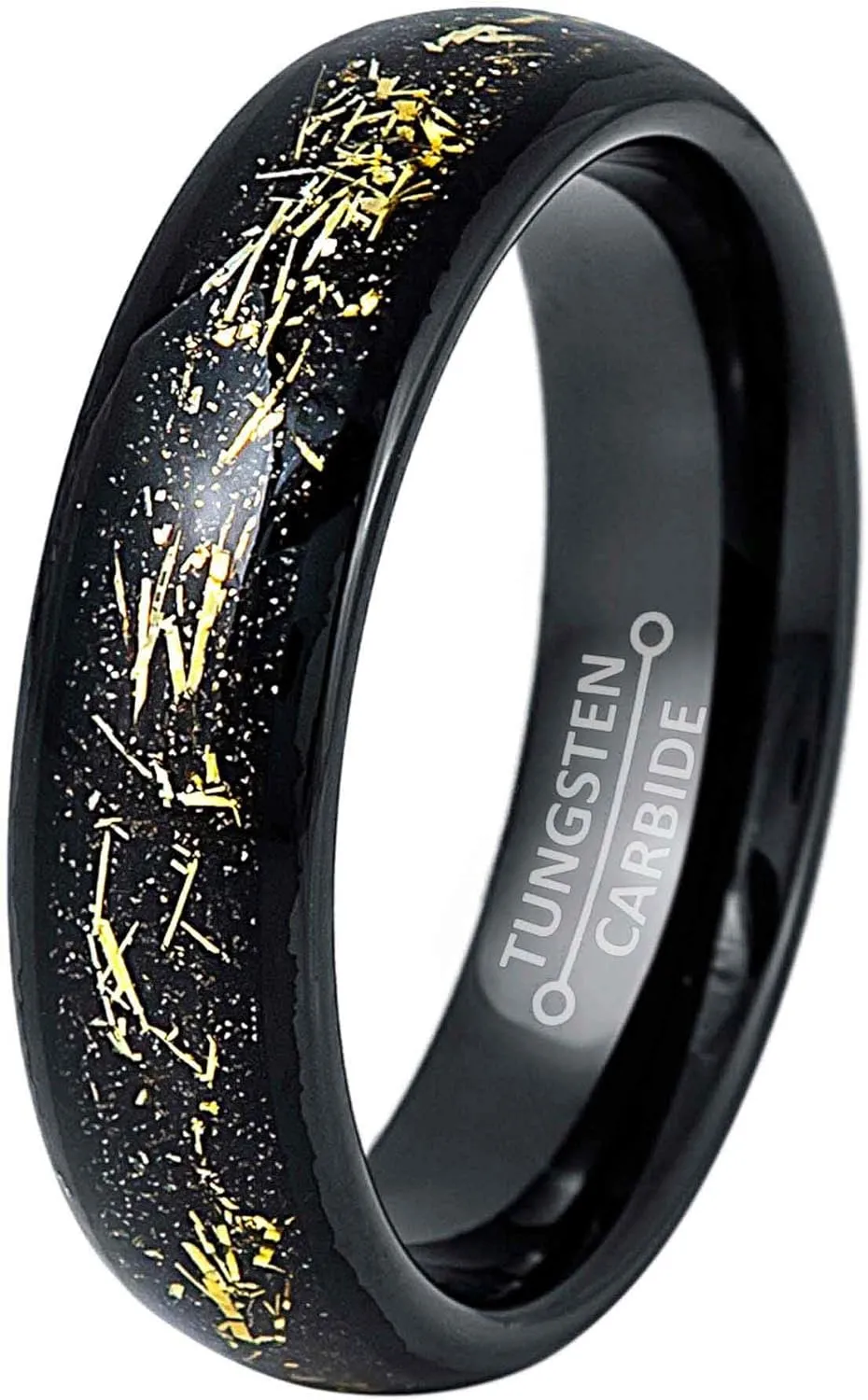 Dome Black IP 6mm Imitation Yellow Meteorite Inlay Wedding Band Comfort Fit - Womens Tungsten Carbide Ring