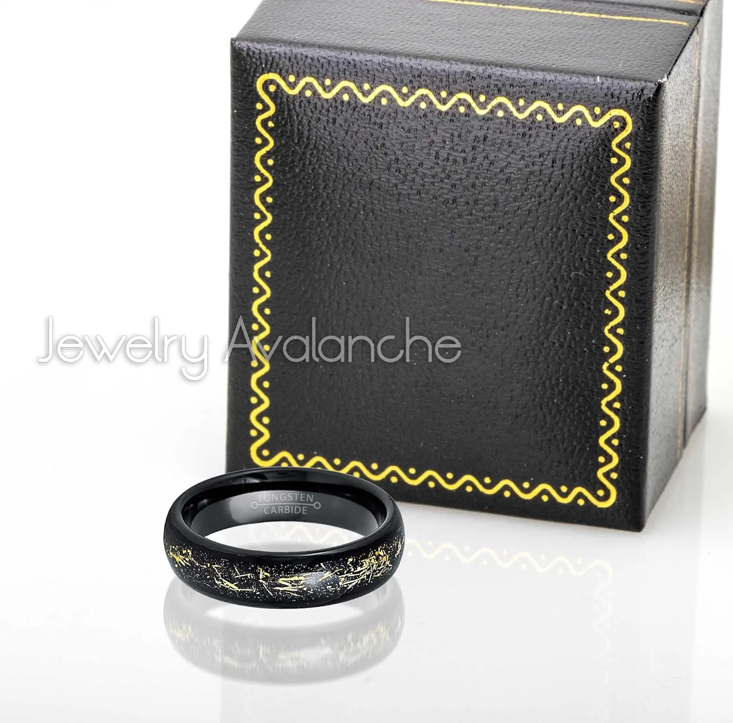 Dome Black IP 6mm Imitation Yellow Meteorite Inlay Wedding Band Comfort Fit - Womens Tungsten Carbide Ring