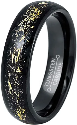 Dome Black IP 6mm Imitation Yellow Meteorite Inlay Wedding Band Comfort Fit - Womens Tungsten Carbide Ring
