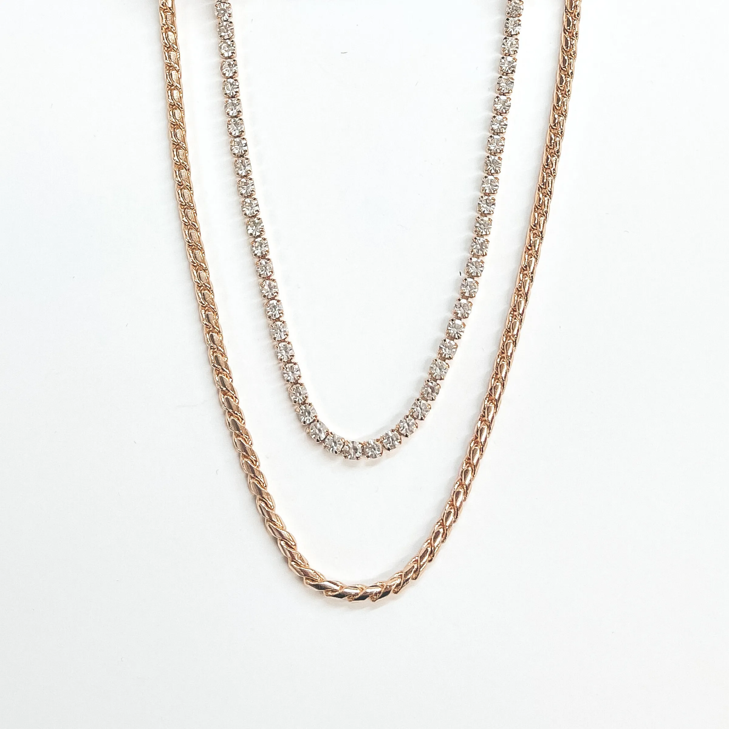 Double Layered Braid Chain Necklace with Rhinestones in Gold