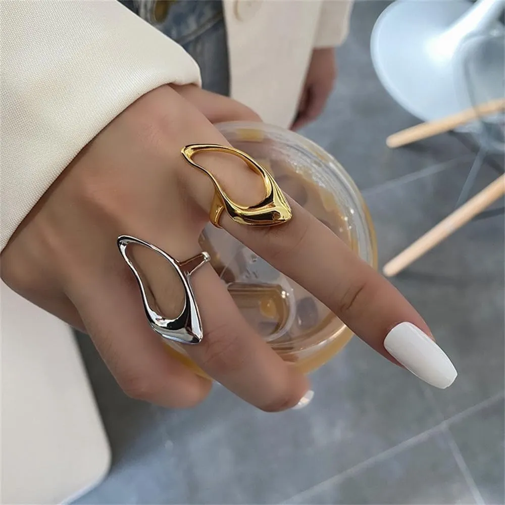 Dtja Hollow Teardrop Statement Ring for Women Girls Gold Plated Fashion Geometric Simple Adjustable Open Wrap Knuckle Finger Rings Comfort Fit Minimalist Unique Chic Jewelry Gift for Holiday Size 6-7