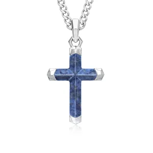 Dumortierite Cross Pendant Necklace for Men Natural Gemstone Premium Mens Sterling Silver Pendant Necklace with Stainless Steel Chain Gift for Men 24 Inch