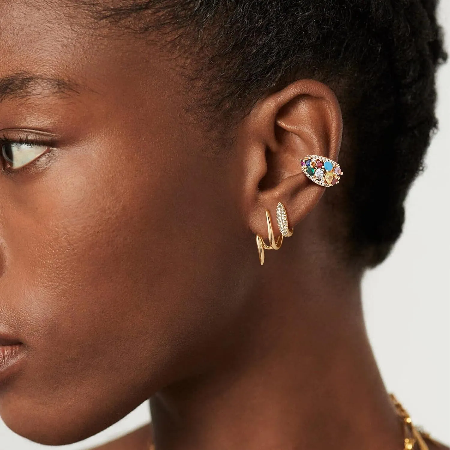 Ear Cuff Earrings for Women Trendy 14K Gold Plated Cubic Zirconia Multi-Colored Sparkle Huggie Ear Cuffs Non Piercing | Clip On Cartilage | Single