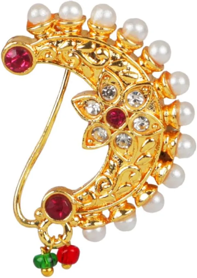 Efulgenz Indian Jewelry Nath Nathani Nose Ring Stud Pin Fake Stud Ring Wedding Beaded Faux Pearl Drop Kundan Pink Crystal Bollywood Bridal Non Piercing Jewelry for Women