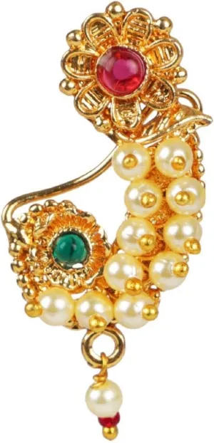 Efulgenz Indian Jewelry Nose Ring Stud Pin - Fake Nose Stud Ring Wedding Beaded Faux Pearl Drop Kundan Crystal Bollywood Bridal Non Piercing Jewelry for Women