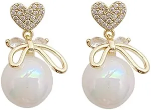 Elegant Heart & Bow Pearl Drop Earrings for Women  18K Gold-Plated, Cubic Zirconia & Crystal Studs with Luxurious Iridescent Pearls, Romantic Statement Jewelry for Weddings & Special Occasions