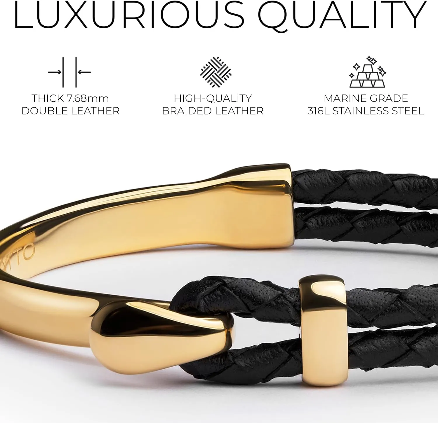 Elegatto Signature Gold Bracelet for Men | Braided Full-Grain Black Leather with 18k Gold-Plated Stainless Steel Hook Closure | Mens Designer Jewelry Bracelets