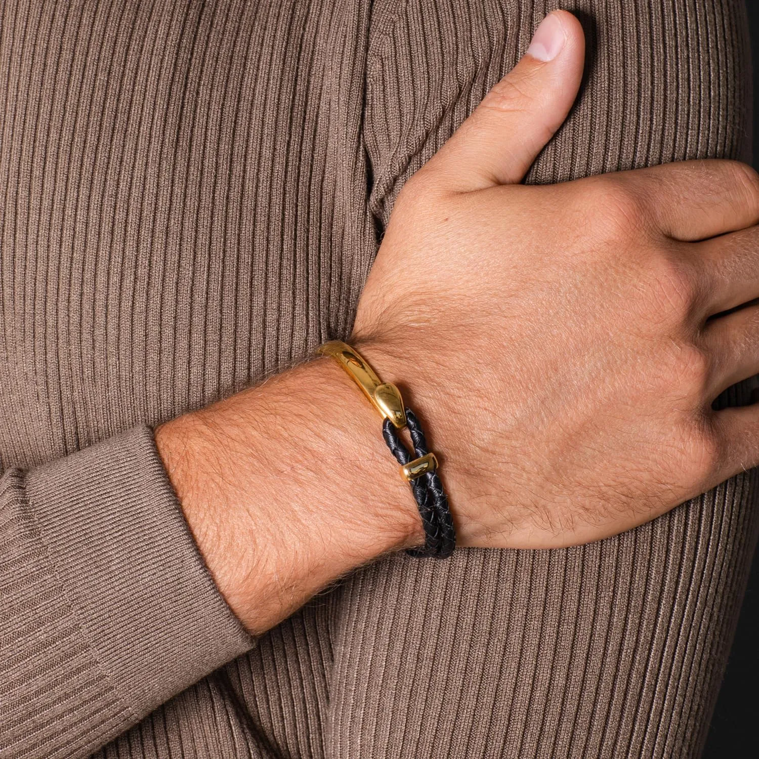 Elegatto Signature Gold Bracelet for Men | Braided Full-Grain Black Leather with 18k Gold-Plated Stainless Steel Hook Closure | Mens Designer Jewelry Bracelets