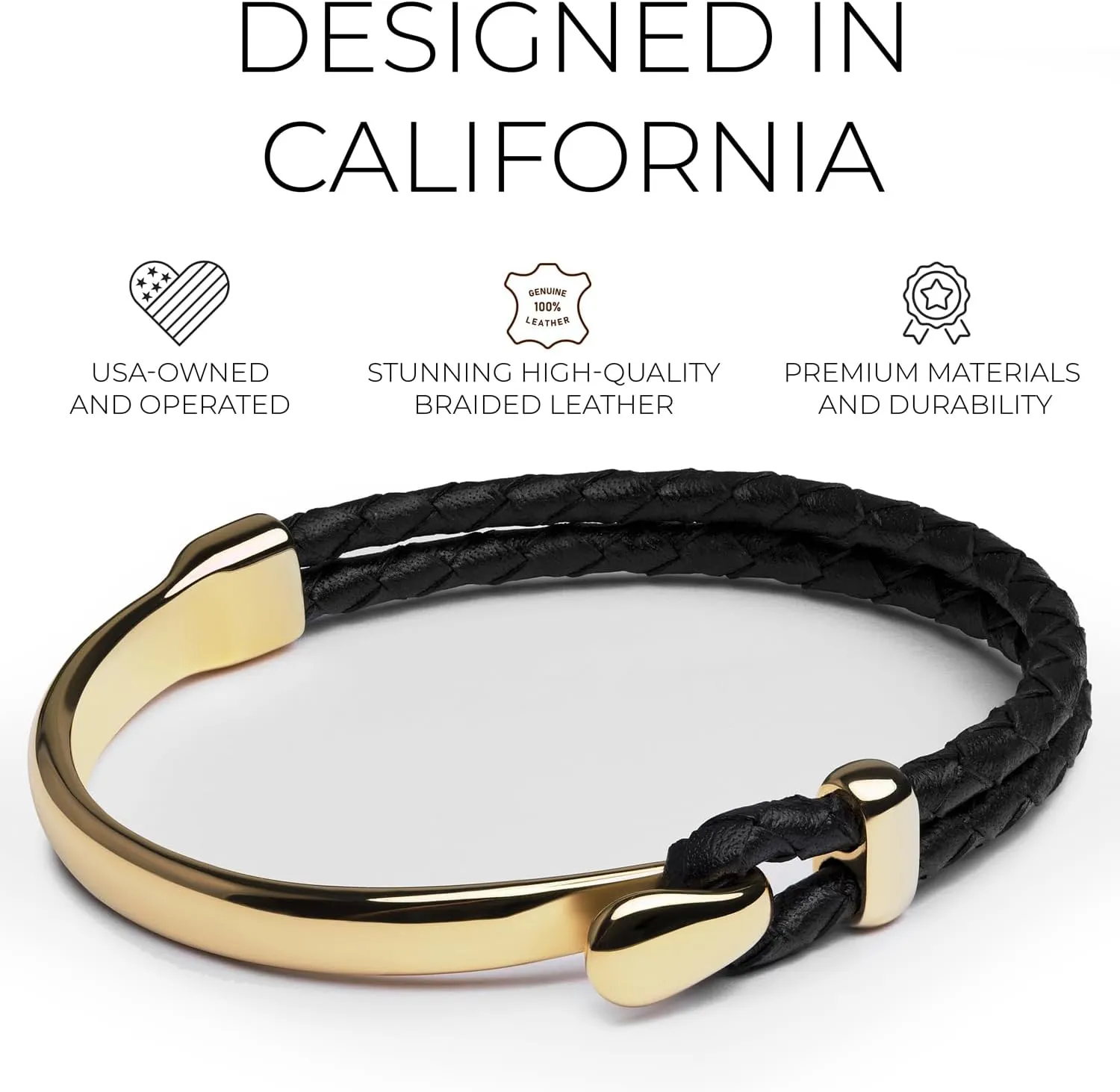 Elegatto Signature Gold Bracelet for Men | Braided Full-Grain Black Leather with 18k Gold-Plated Stainless Steel Hook Closure | Mens Designer Jewelry Bracelets