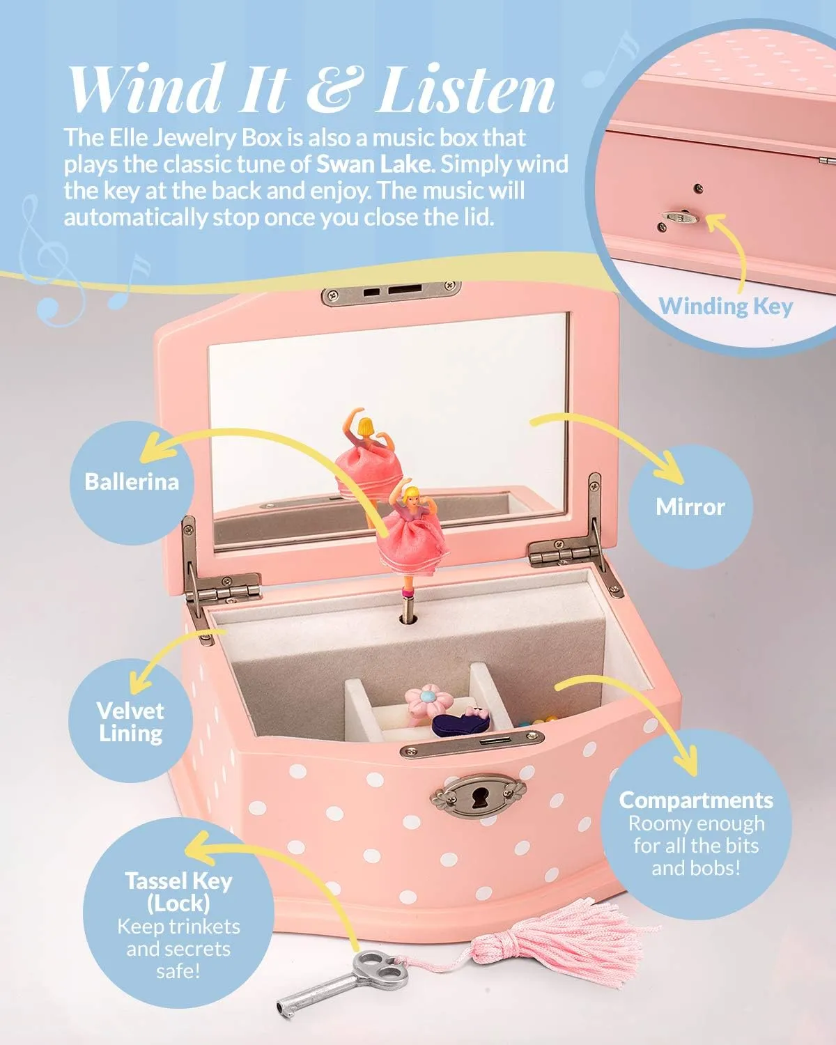 Elle Jewelry Box - Ballerina Jewelry Organizer and Swan Lake Wind-Up Music Box for Girls and Teens, Accessories and Keepsake Wooden Storage with Lock and Mirror, Charming Room Decor and Gift, Small