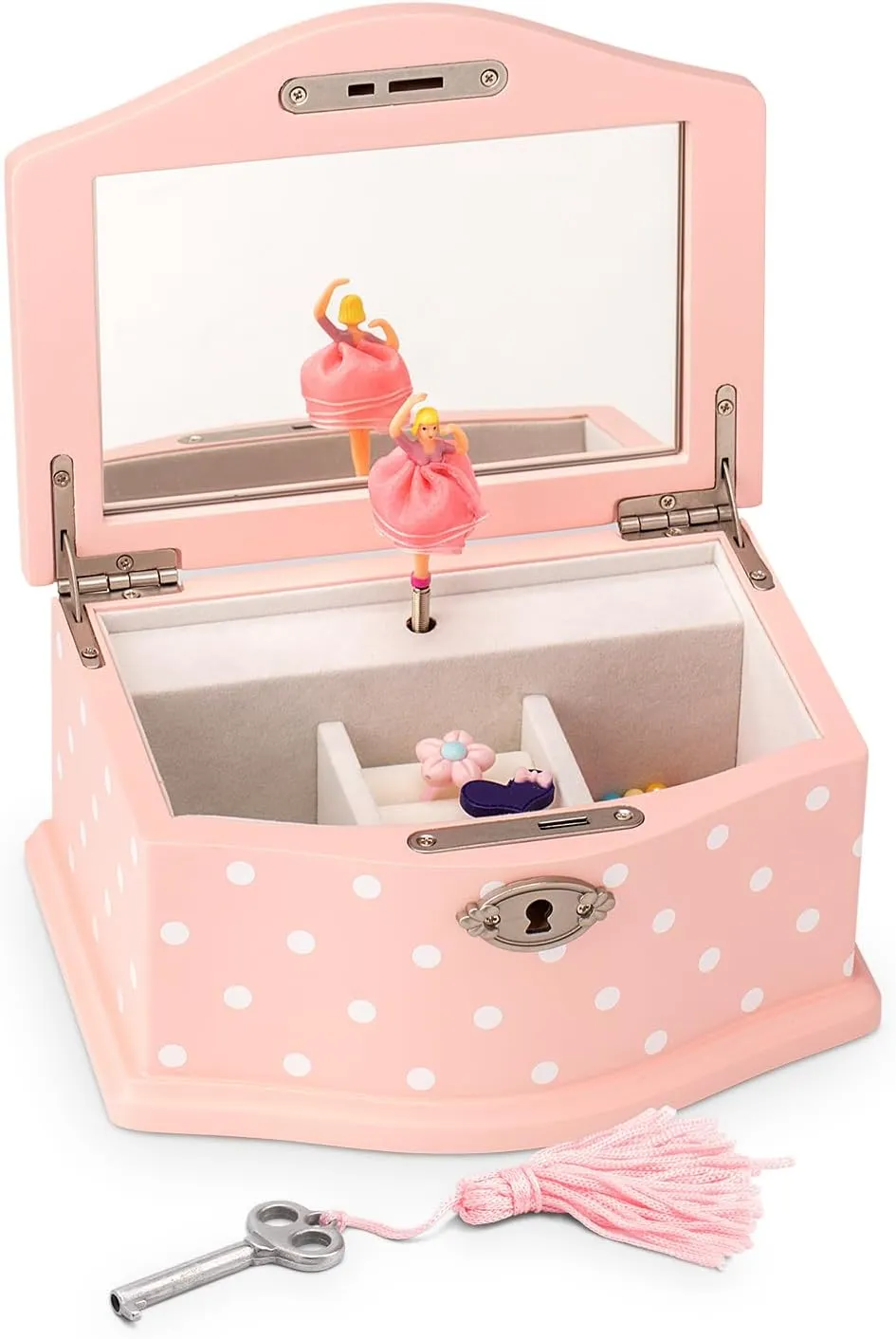 Elle Jewelry Box - Ballerina Jewelry Organizer and Swan Lake Wind-Up Music Box for Girls and Teens, Accessories and Keepsake Wooden Storage with Lock and Mirror, Charming Room Decor and Gift, Small