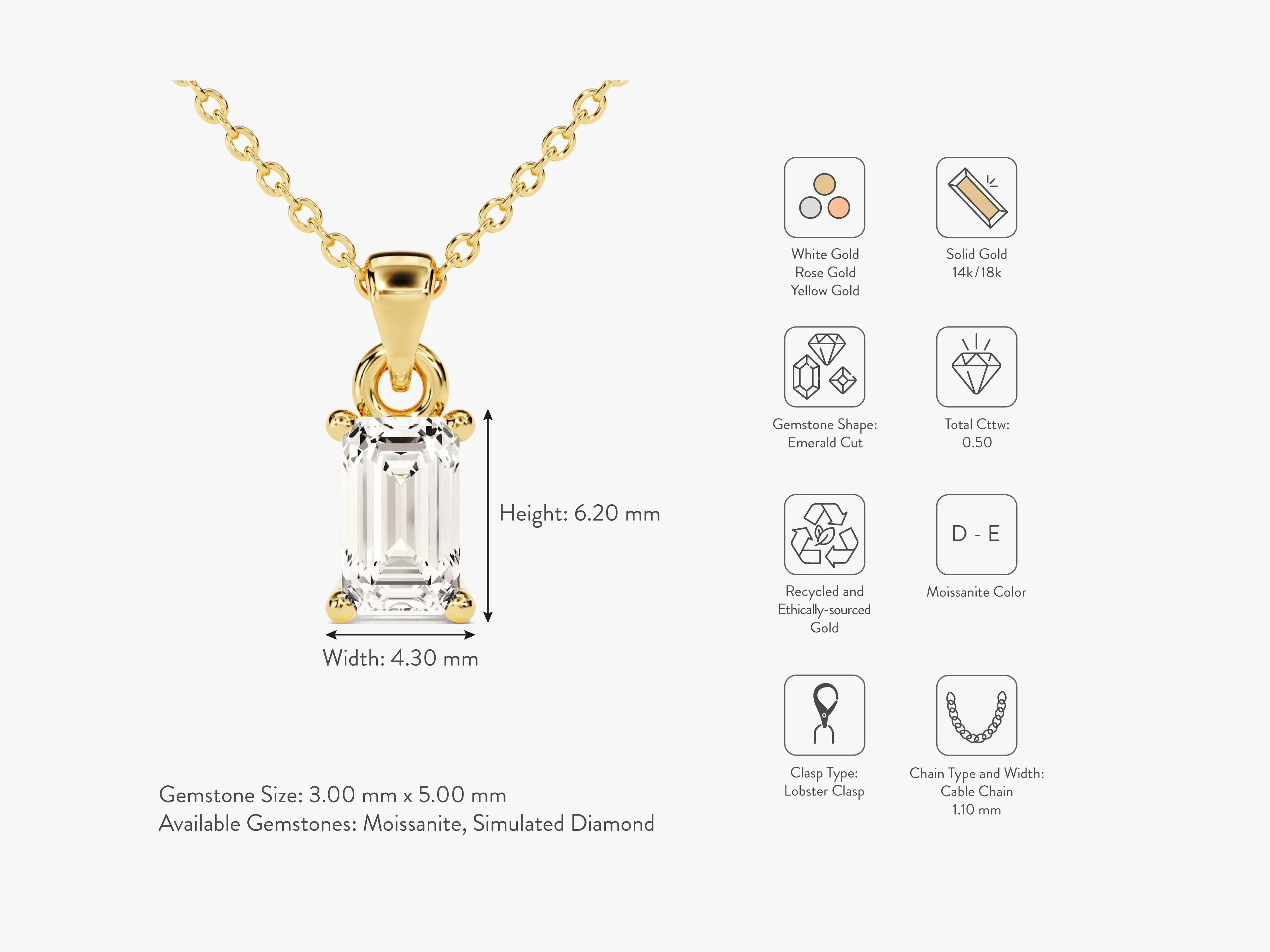 Emerald Cut Lab Grown Diamond Solitaire Pendant (0.50 CT)