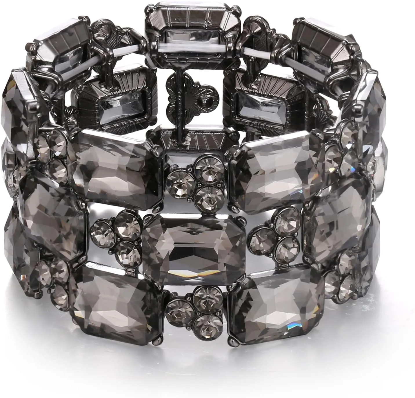 EVER FAITH Wedding Prom Bracelets for Women, Radiant Cut Austrian Rhinestones Crystal 3 Layers Elastic Stretch Wide Bracelet Jewelry for Brides Bridesmaid