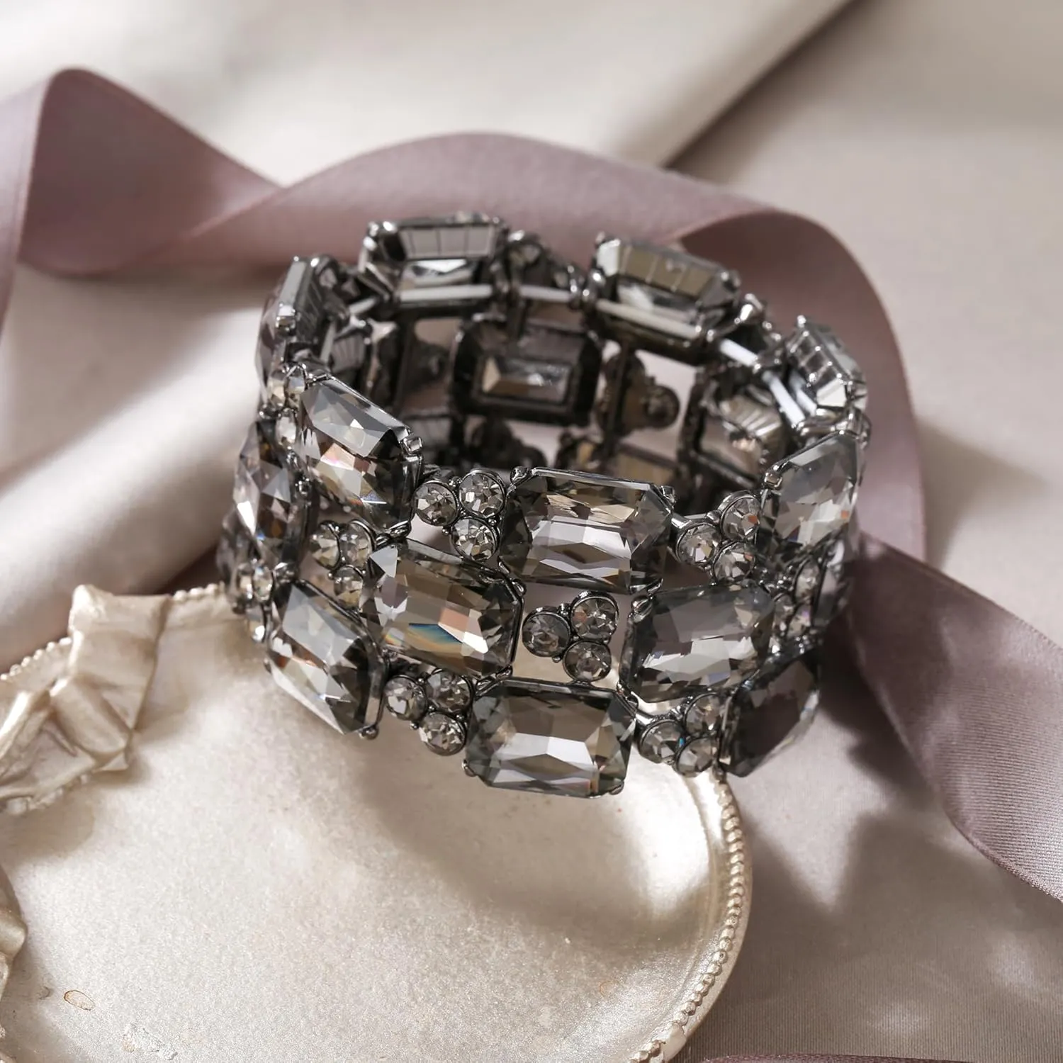 EVER FAITH Wedding Prom Bracelets for Women, Radiant Cut Austrian Rhinestones Crystal 3 Layers Elastic Stretch Wide Bracelet Jewelry for Brides Bridesmaid