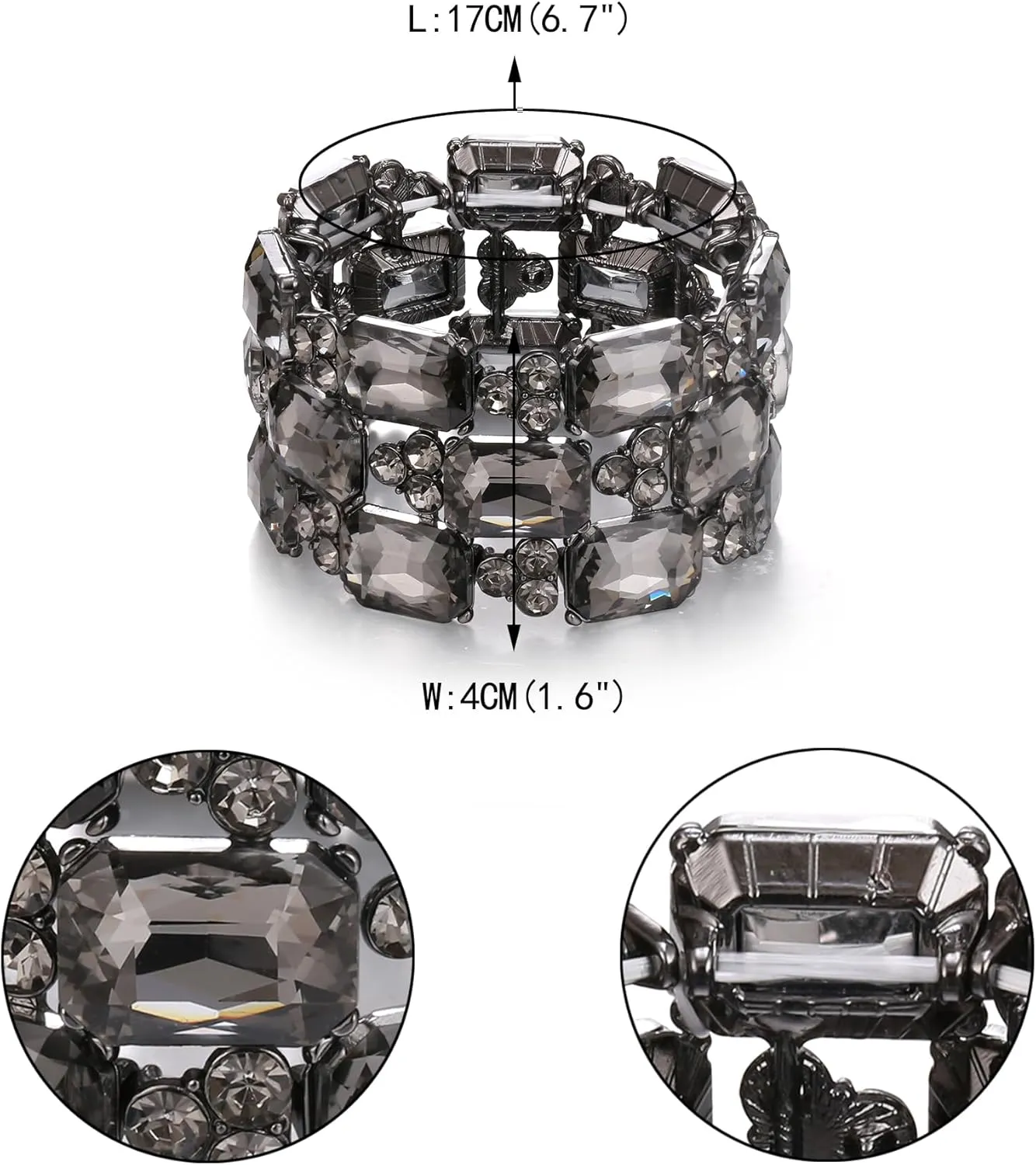 EVER FAITH Wedding Prom Bracelets for Women, Radiant Cut Austrian Rhinestones Crystal 3 Layers Elastic Stretch Wide Bracelet Jewelry for Brides Bridesmaid