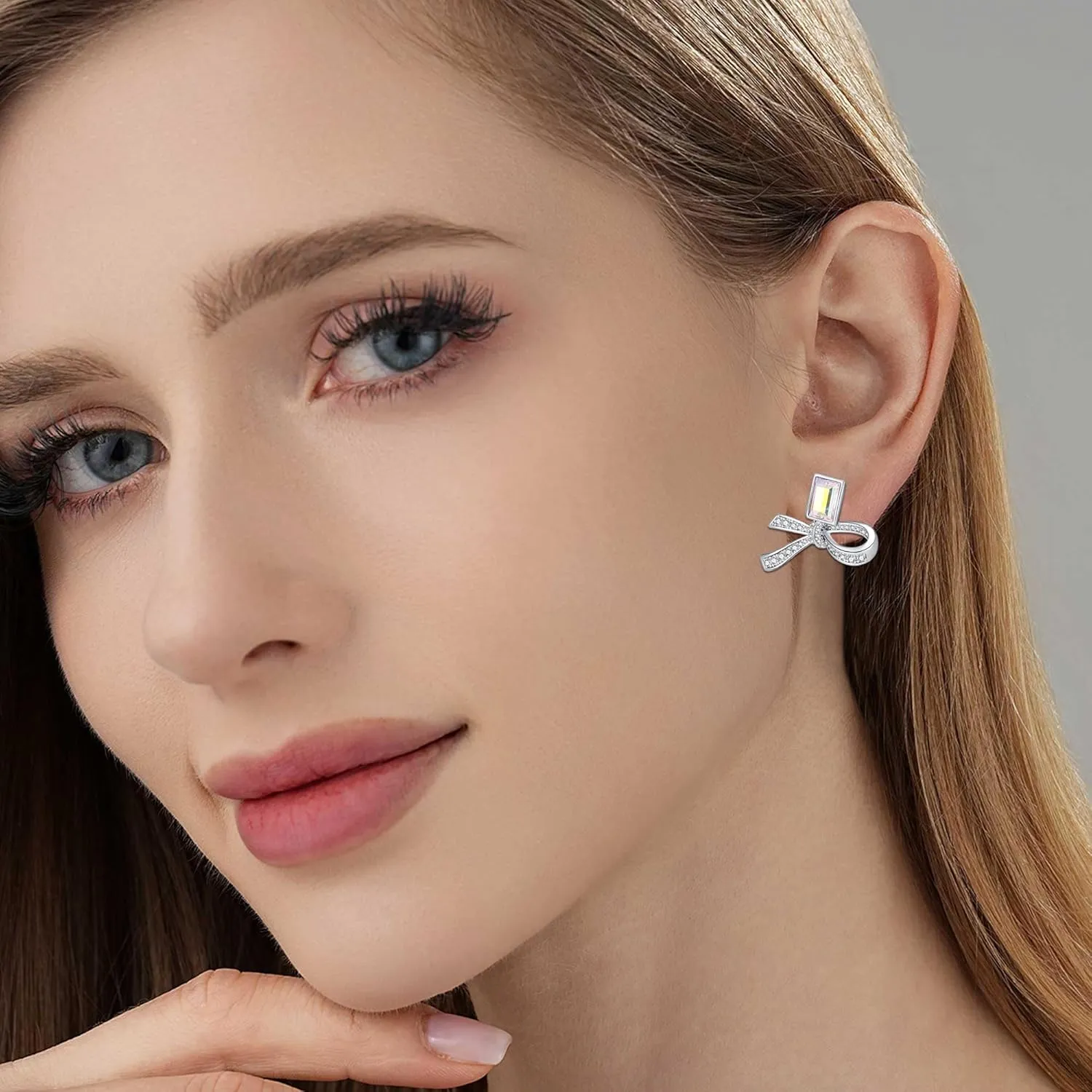 EVEVIC Austrian Crystal Bow Studs Drop Earrings for Women Dangle Earring 14K Gold Plated Hypoallergenic Jewelry Gifts