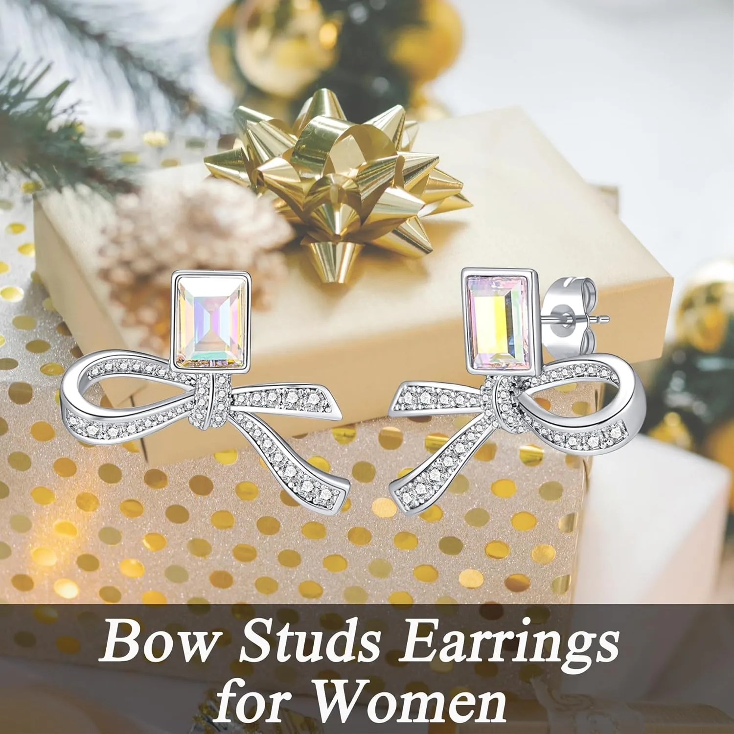 EVEVIC Austrian Crystal Bow Studs Drop Earrings for Women Dangle Earring 14K Gold Plated Hypoallergenic Jewelry Gifts