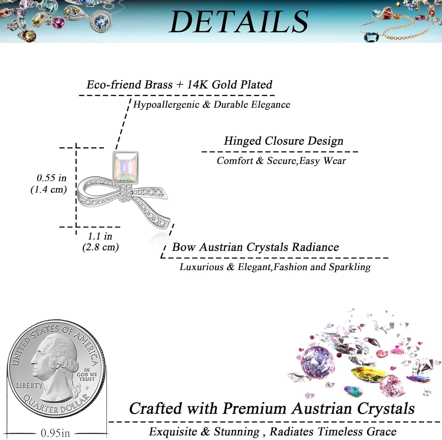 EVEVIC Austrian Crystal Bow Studs Drop Earrings for Women Dangle Earring 14K Gold Plated Hypoallergenic Jewelry Gifts