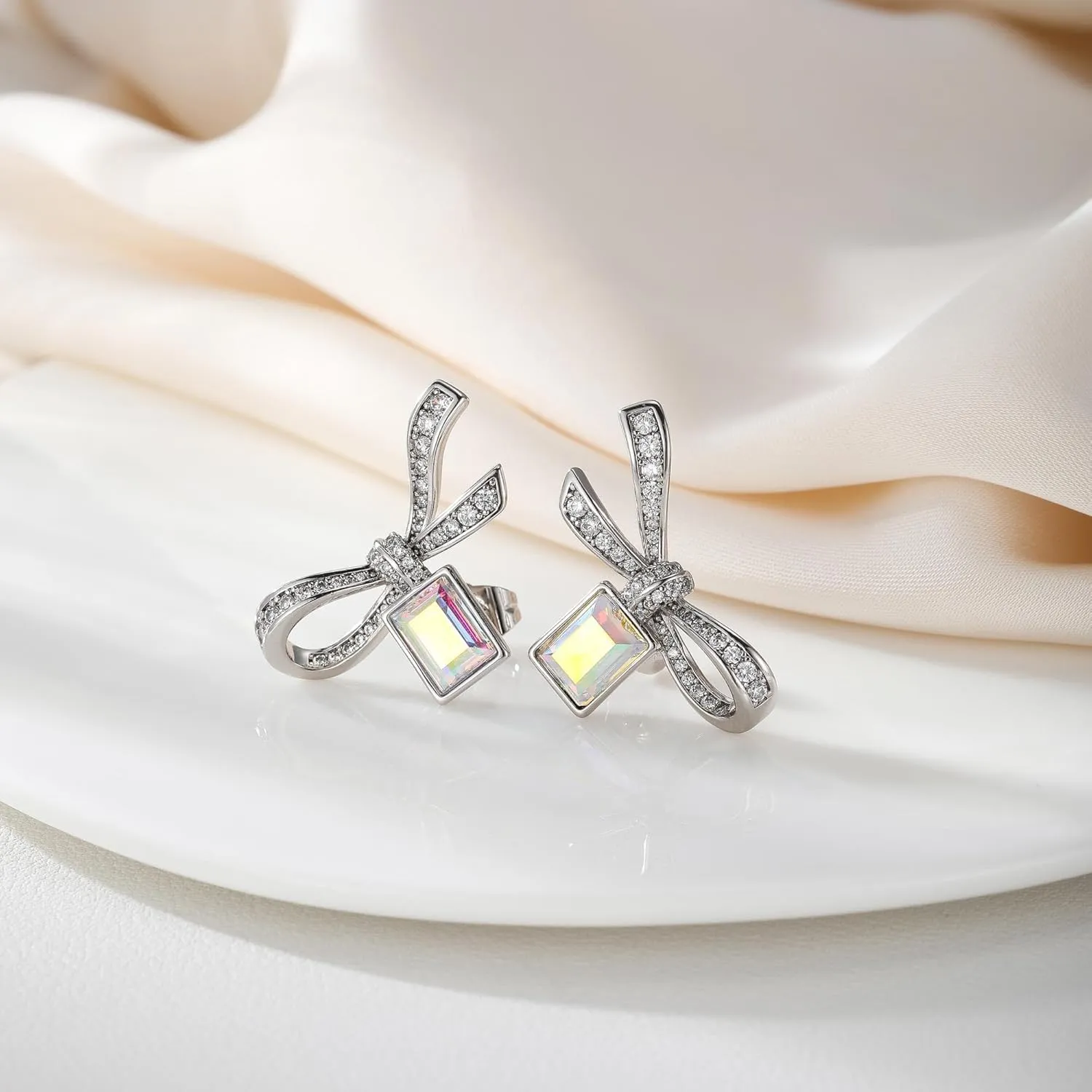 EVEVIC Austrian Crystal Bow Studs Drop Earrings for Women Dangle Earring 14K Gold Plated Hypoallergenic Jewelry Gifts