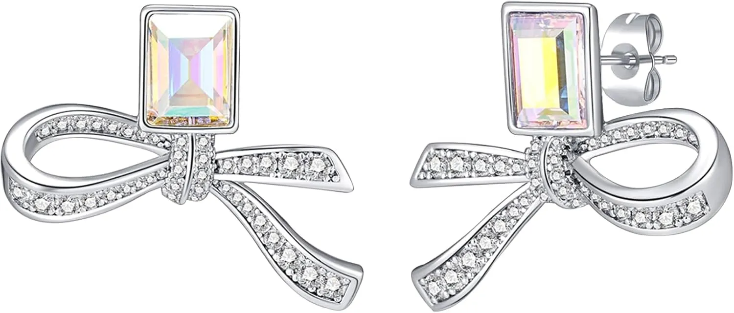 EVEVIC Austrian Crystal Bow Studs Drop Earrings for Women Dangle Earring 14K Gold Plated Hypoallergenic Jewelry Gifts