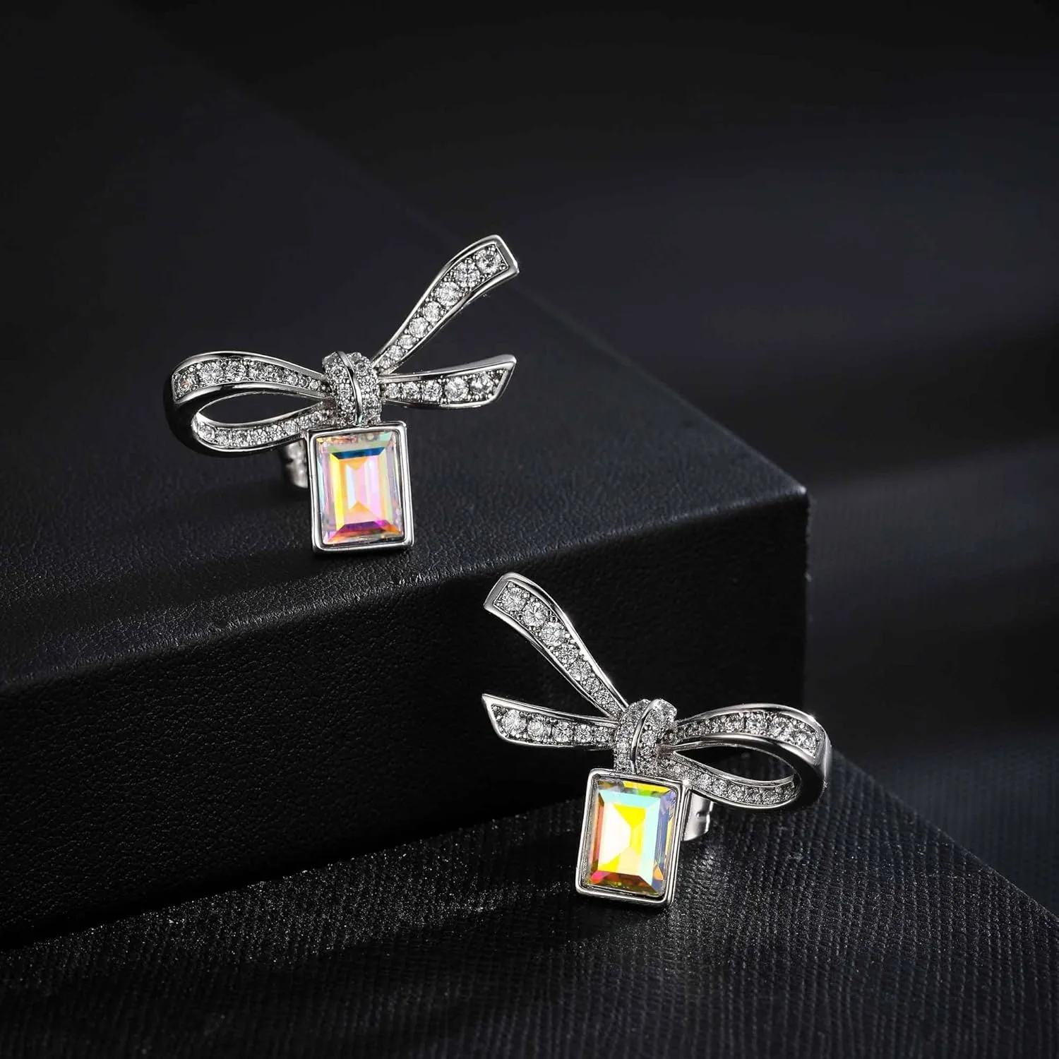 EVEVIC Austrian Crystal Bow Studs Drop Earrings for Women Dangle Earring 14K Gold Plated Hypoallergenic Jewelry Gifts