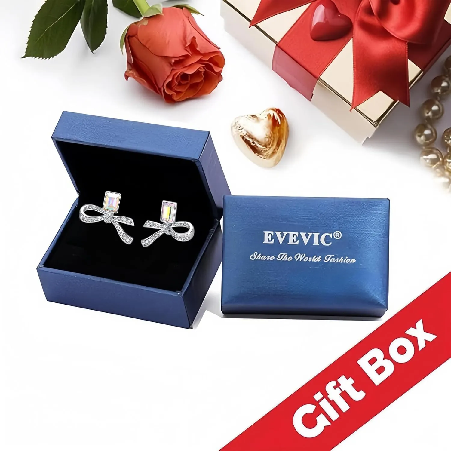 EVEVIC Austrian Crystal Bow Studs Drop Earrings for Women Dangle Earring 14K Gold Plated Hypoallergenic Jewelry Gifts