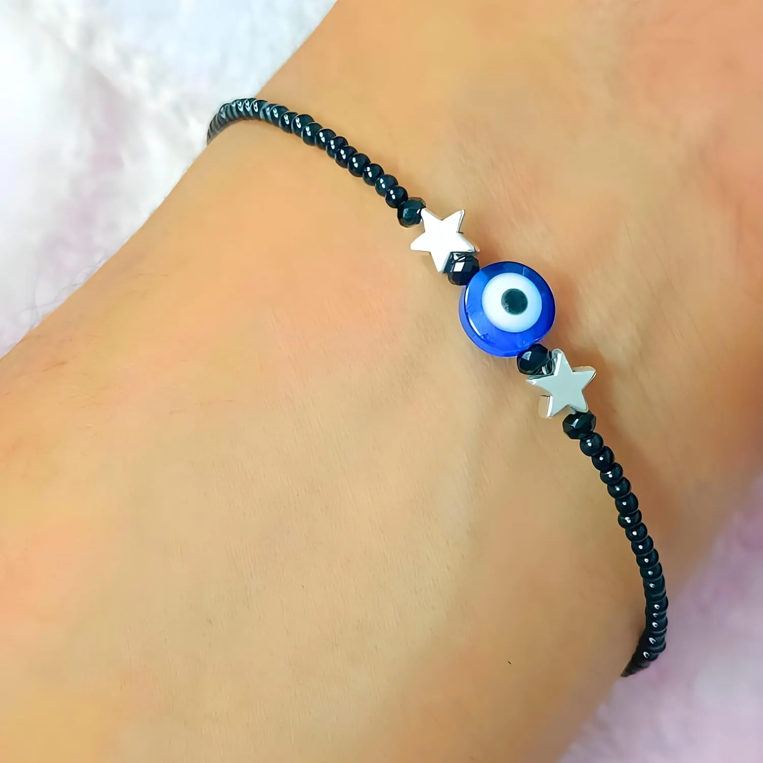 Evil Eye Bracelets for Women Men Handmade Black Bead Good Luck Success and Prosperity Bracelet Chain Cord Friendship Bracelet Adjustable Minimalist Jewelry (Star)