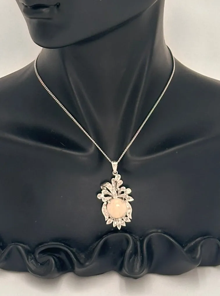 Exquisite 18ct White Gold Opal and Diamond Pendant - Certified