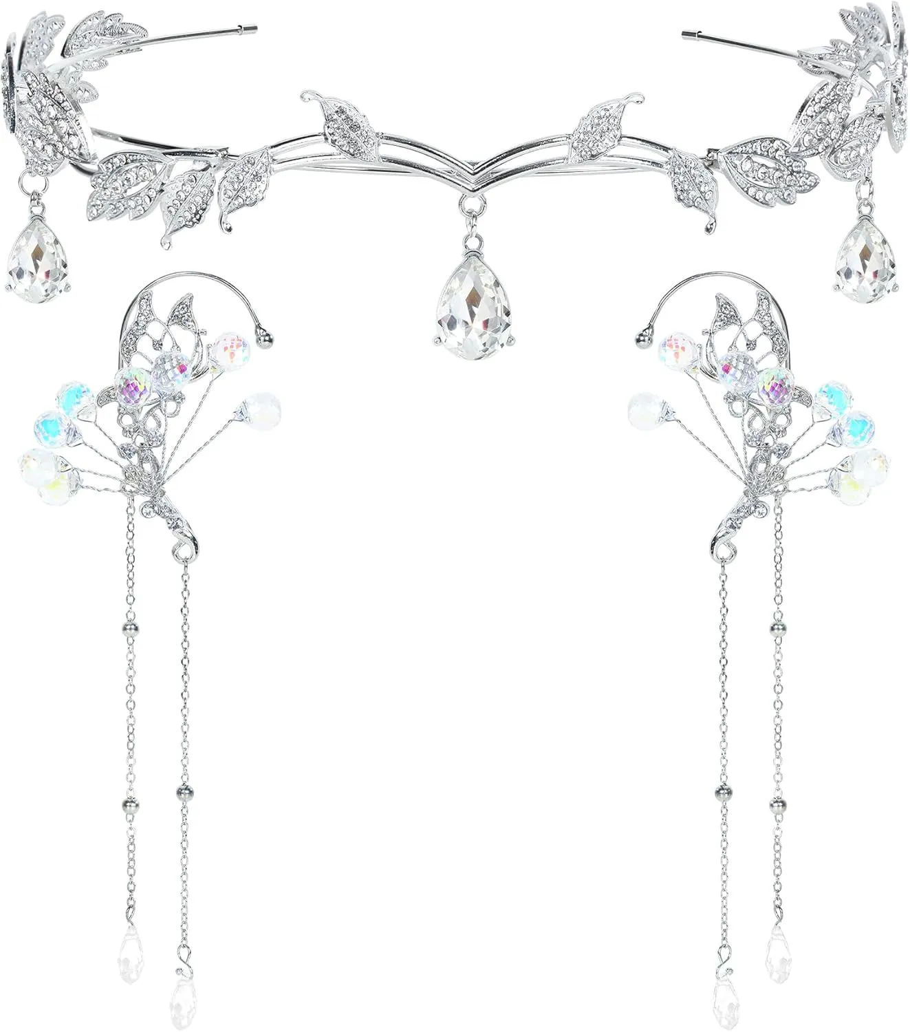 Fairy Ear Cuffs with Elf Crown - Silver Elf Ear Jewelry Elf Headpiece Metal Elf Ears Fairy Jewelry Elf Accessories Fairy Cosplay for Women