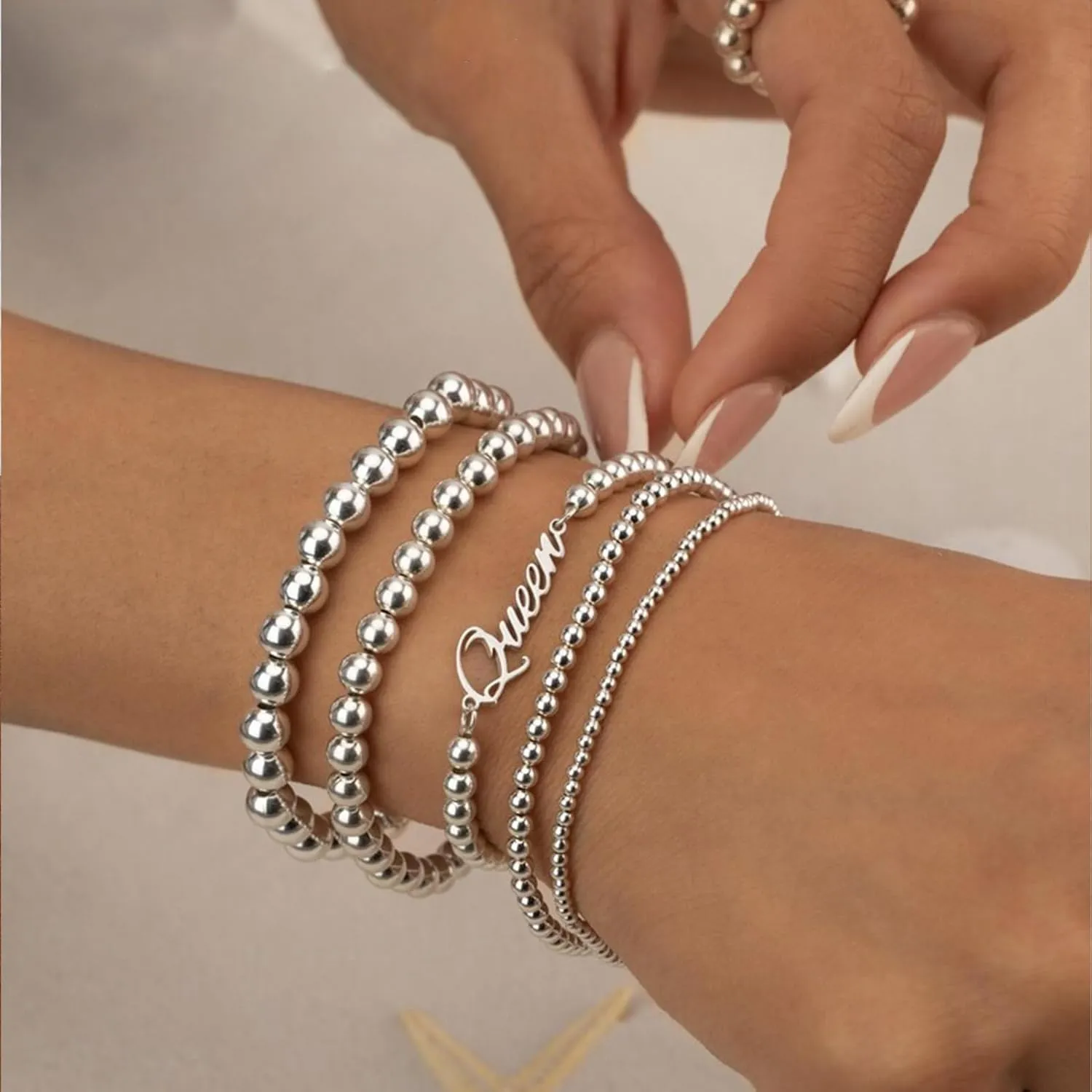 FANDY Silver Beaded Bracelets Set for Women, 3-12Pcs Boho Trendy Simple Stretch Bracelet Stack Ball Beaded Tube Bangle Bracelet Jewelry Set for Gifts