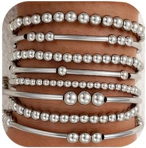 FANDY Silver Beaded Bracelets Set for Women, 3-12Pcs Boho Trendy Simple Stretch Bracelet Stack Ball Beaded Tube Bangle Bracelet Jewelry Set for Gifts
