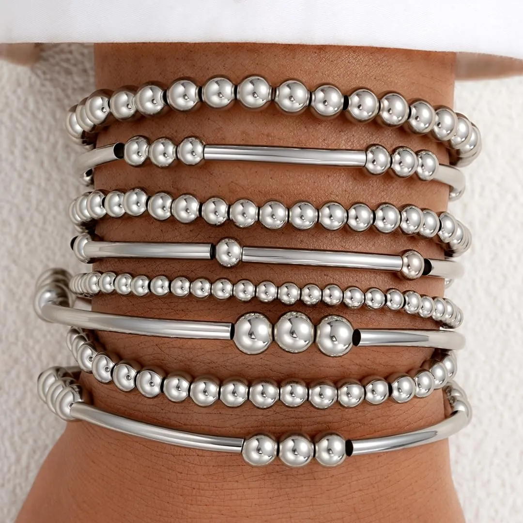 FANDY Silver Beaded Bracelets Set for Women, 3-12Pcs Boho Trendy Simple Stretch Bracelet Stack Ball Beaded Tube Bangle Bracelet Jewelry Set for Gifts