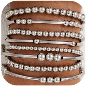 FANDY Silver Beaded Bracelets Set for Women, 3-12Pcs Boho Trendy Simple Stretch Bracelet Stack Ball Beaded Tube Bangle Bracelet Jewelry Set for Gifts