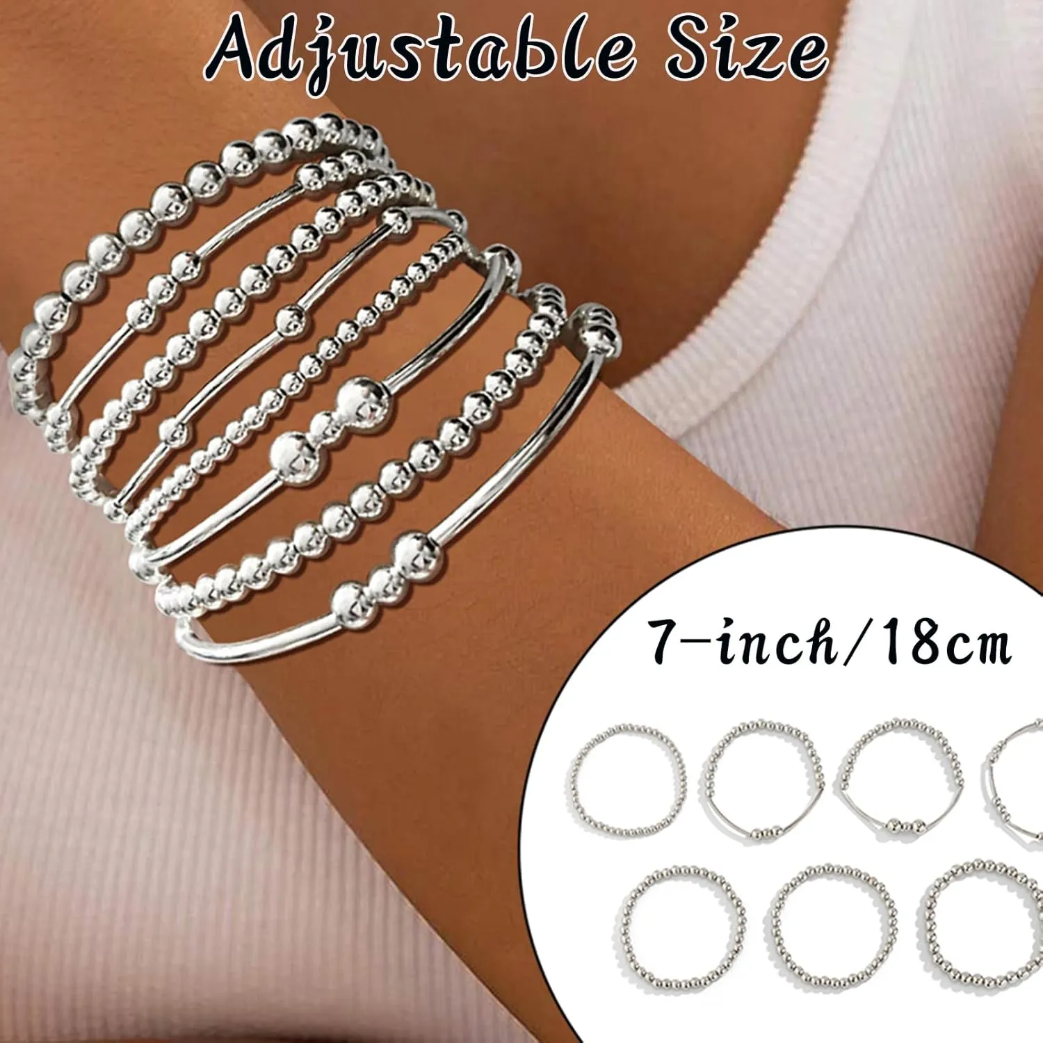 FANDY Silver Beaded Bracelets Set for Women, 3-12Pcs Boho Trendy Simple Stretch Bracelet Stack Ball Beaded Tube Bangle Bracelet Jewelry Set for Gifts