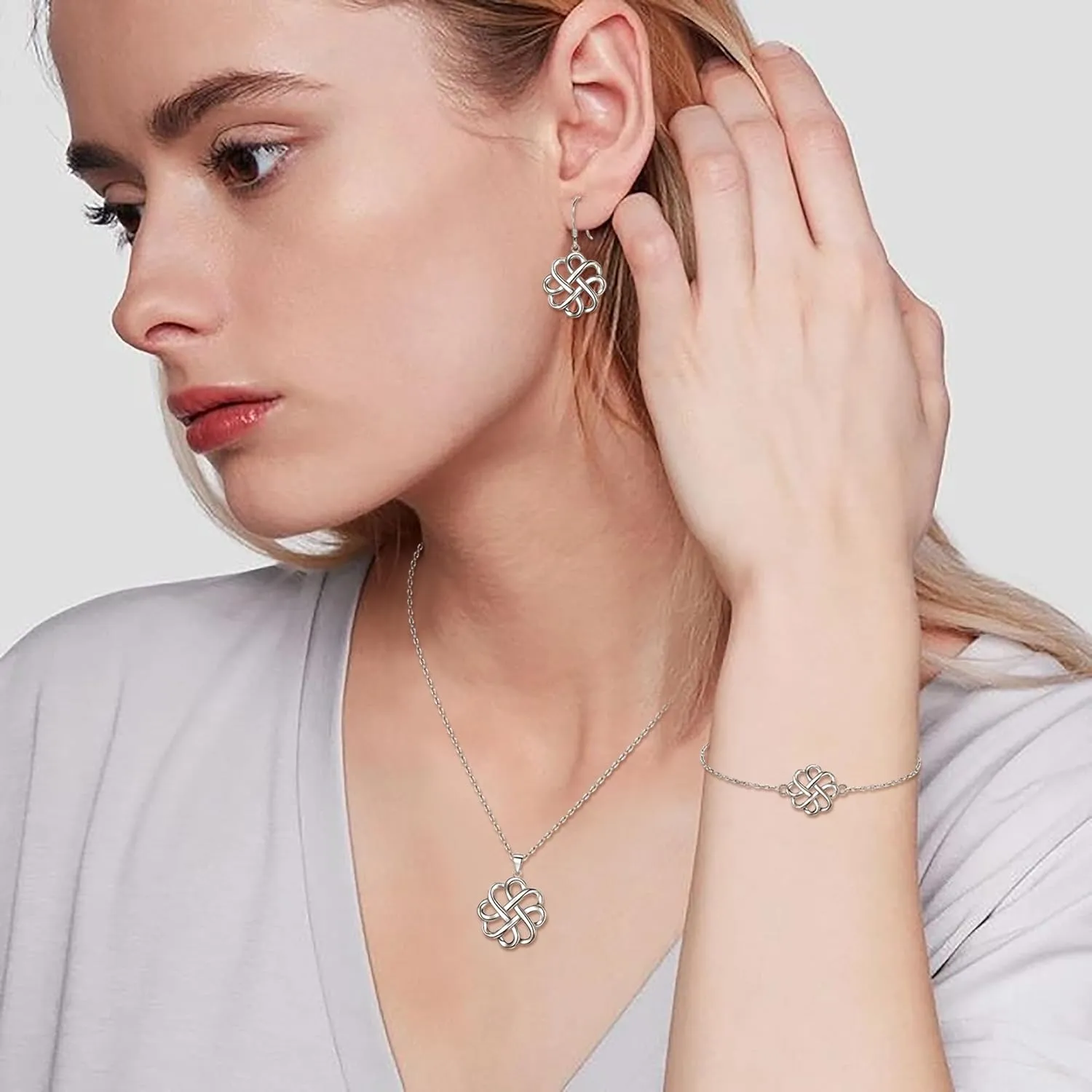 FANZE Women's 925 Sterling Silver Irish Celtic Knot Cross Triquetra Trinity Knot Tree Timeless Geometric Pendant Necklace Earrings Set