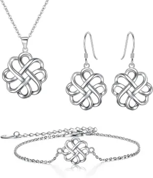 FANZE Women's 925 Sterling Silver Irish Celtic Knot Cross Triquetra Trinity Knot Tree Timeless Geometric Pendant Necklace Earrings Set