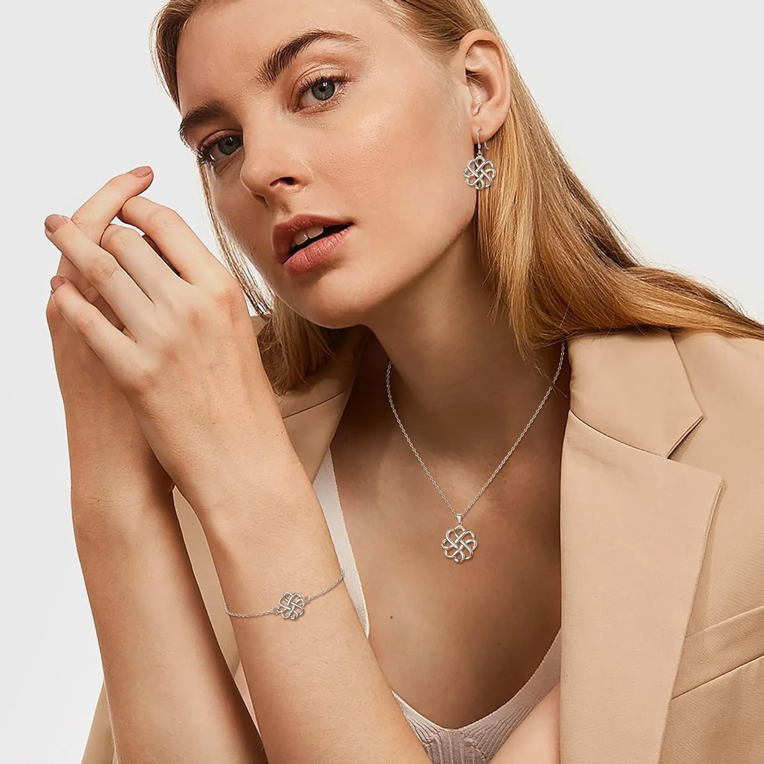 FANZE Women's 925 Sterling Silver Irish Celtic Knot Cross Triquetra Trinity Knot Tree Timeless Geometric Pendant Necklace Earrings Set