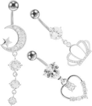 Fashionable Belly Button Ring Set 3pcs Moon Navel Rings Heart Crown Design Zircon Jewelry for Women