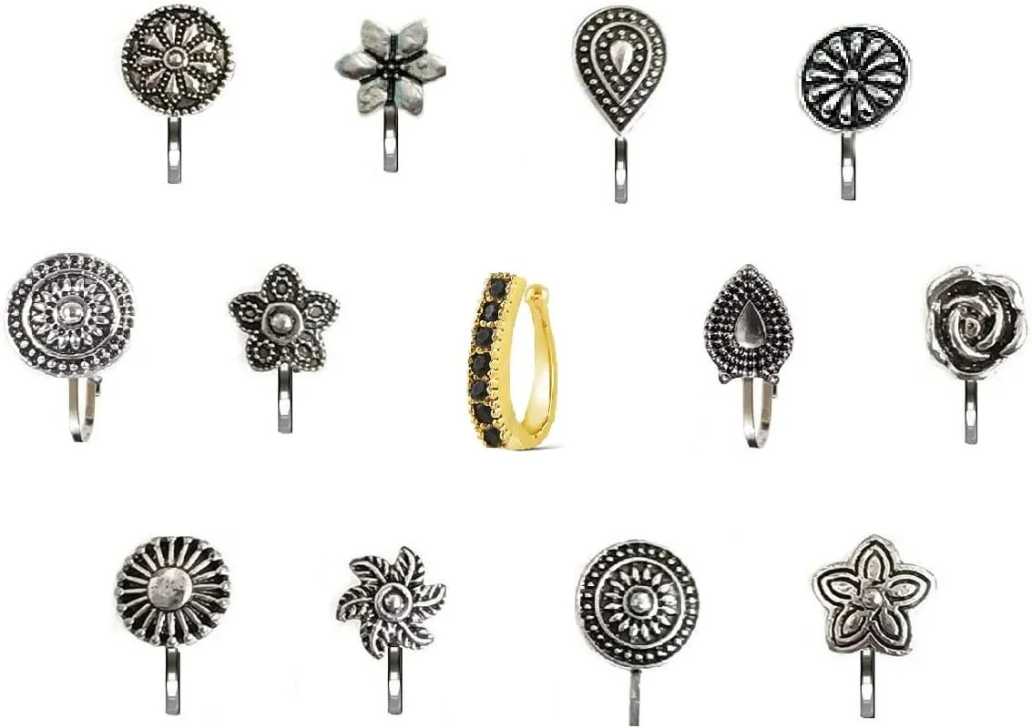 FASHIONS Without Piercing Nosering Pressing Type Clip on Oxidised Silver nose pin Stud for women (Oxidised nose stud)