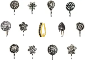 FASHIONS Without Piercing Nosering Pressing Type Clip on Oxidised Silver nose pin Stud for women (Oxidised nose stud)