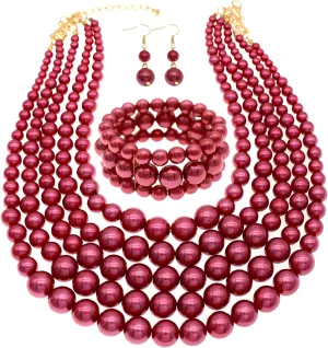 Faux Big Pearl Strand Necklaces for Women - 5 Layers Bib Collar Necklace, Bracelet and Earrings Set - 1920s Costume Jewelry for Bridal Wedding Gift (Burgundy)