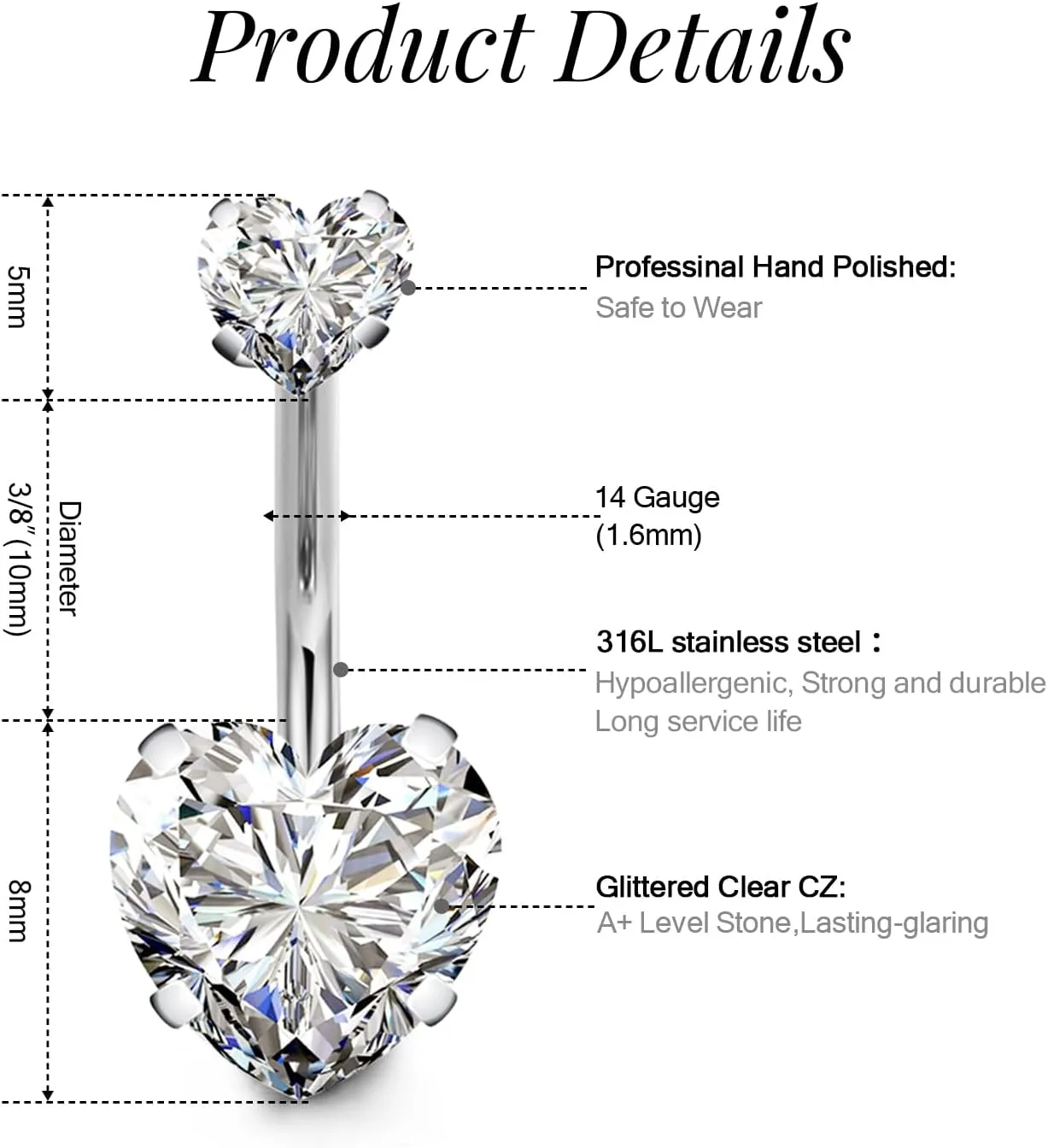 FECTAS 14G Belly Button Rings Stainless Steel Heart CZ Belly Navel Ring for Women Body Piercing Jewelry Barbell Len 10mm Silver