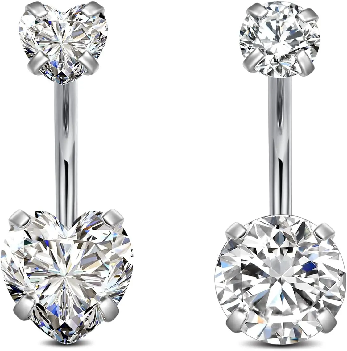 FECTAS 14G Belly Button Rings Stainless Steel Heart CZ Belly Navel Ring for Women Body Piercing Jewelry Barbell Len 10mm Silver