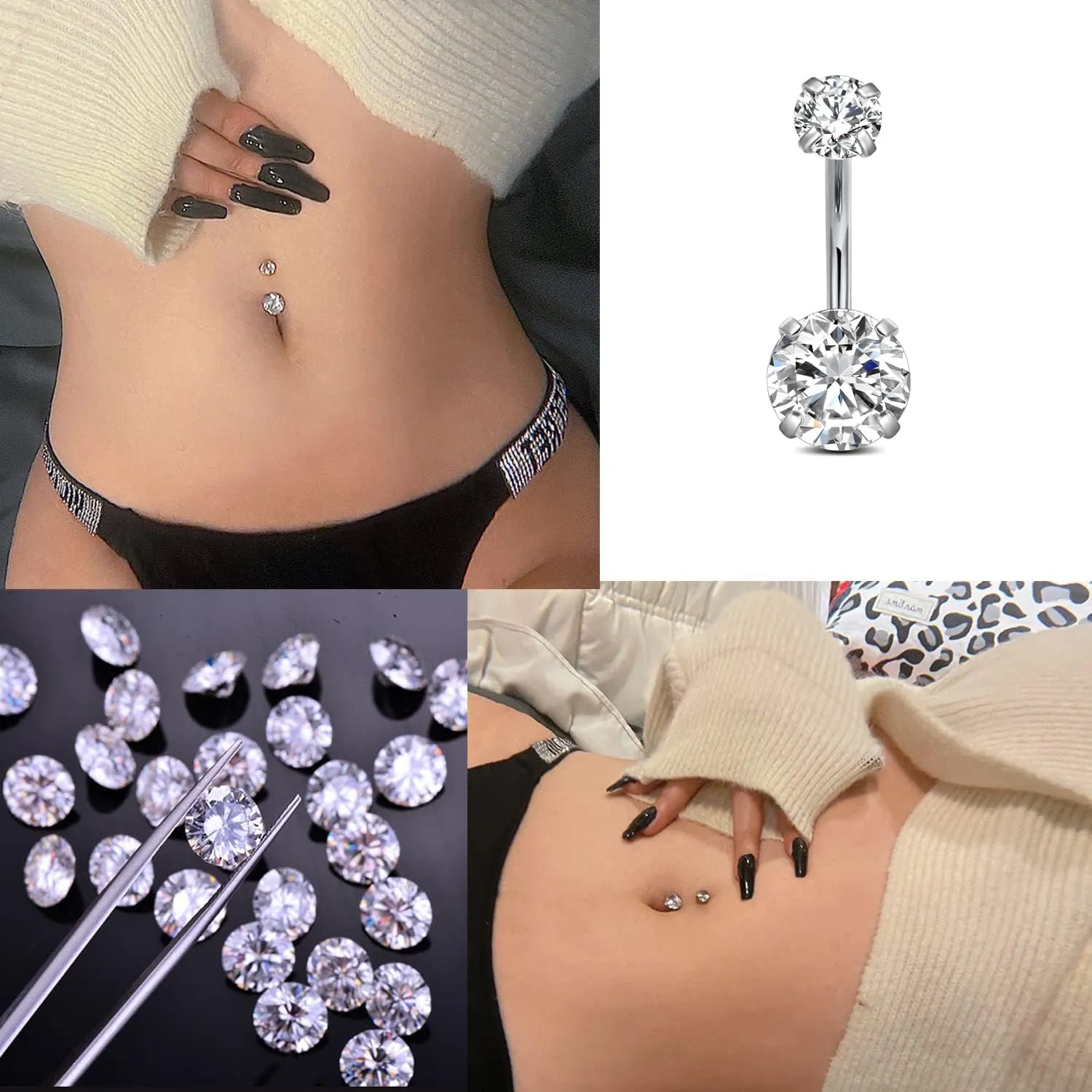 FECTAS 14g Belly Button Rings Surgical Steel CZ Petite Navel Ring for Women Body Piercing Jewelry Petite select Barbell Len 6mm 8mm 10mm 12mm 14mm Silver