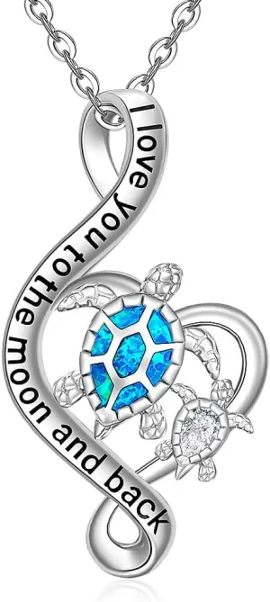 Fenthring Turtle Necklace Blue Opal Sea Turtle Necklaces for Women Mom Pendant Topaz Sterling Silver Infinity Heart Mother Daughter Wave Mothers Day Gifts